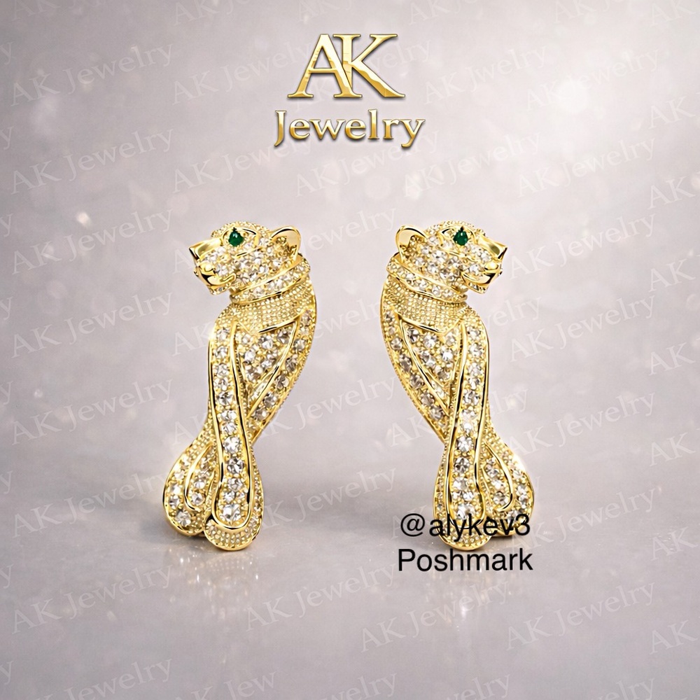 💎LUXURY EARRINGS 18k Panther PAVE Long Gold, Pierced, Pave and Iconic Green Eyes